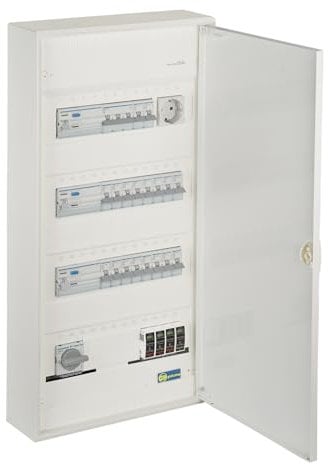 grenda-hammer® | Sicherungskasten Hager Aufputz 4-reihig Stromverteiler verdrahtet mit Hauptschalter, 3x FI-Schutzschalter, Sicherungen, Servicesteckdose und Überspannungsableiter