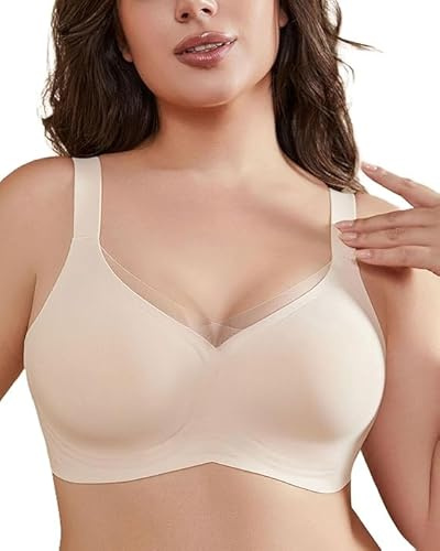 Renzalio BH Große Brüste Starker Halt Ohne Bügel Soft Schalen Gpolstert Seamless Entlastungs Große Größen Für Hängende brüste Creamy Push Up T Shirt BH Mit Breitem Unterbrustband-Skin-X Large