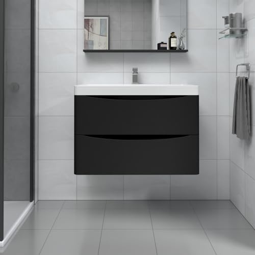 NRG Wall Mounted Vanity Sink Unit Basin, Drawer Storage 800mm Matt Black | Bathroom Drawer Storage Furniture, Ideal for Any Home Décor