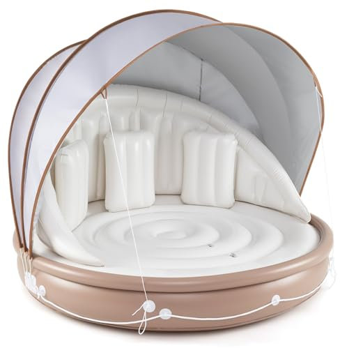 COSTWAY Isola Gonfiabile da Piscina, Lounge Gallegiante con Ombra Retrattile e Rimovibile, Dotato di 3 Cuscini, Materasso Gonfiabile Pieghevole e Portatile per 2 Persone, Portata 180 kg