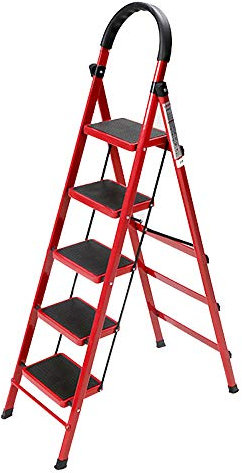 Scala pieghevole a 5 gradini, portatile, antiscivolo, in ferro, colore rosso, perfetta per casa, garage e uso esterno, soluzione leggera e salvaspazio
