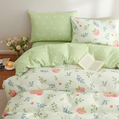 Tospass Mädchen Bettwäsche 200x200cm Grün Rosa Bunt Blätter Pfirsich Liebe Wendebettwäsche-Set Mikrofaser Herz Kinder Bettbezug 1 Deckenbezug mit Reißverschluss und 2 Kissenbezug 80x80cm