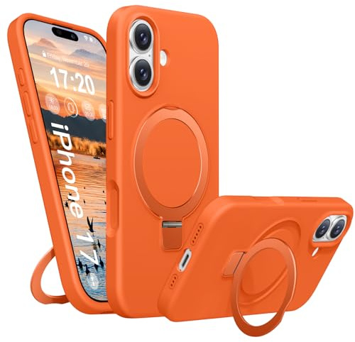 BENTIACC Coque Silicone Liquide pour iPhone 17, Anneau de Support magnétique, Étui de Protection Antichoc 4 Couches, Doublure en Microfibre Souple antirayures pour iPhone 17 (Orange)