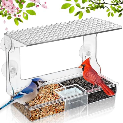 Fenster Futterhäuschen für Vögel-23.8x16.5cm-Transparentes Vogelhäuschen mit Saugnäpfen und Sitzstange-Vogelhaus mit Vogeltränke,Vogel Futterstation Futterhaus zum Befestigen an Glasscheiben