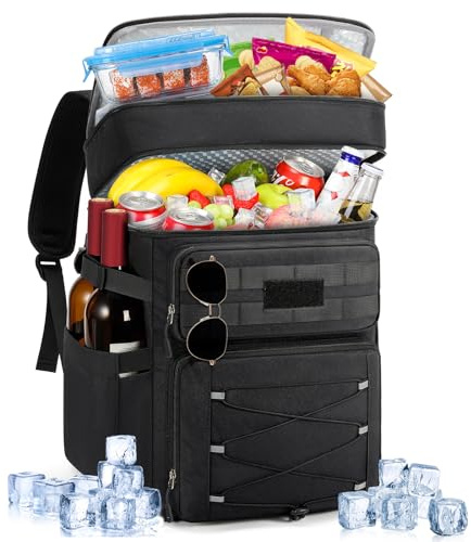 RAINSMORE kylryggsäck 30 L isolerad kylväska ryggsäck läcksäker stor kapacitet dubbelzon termisk picknickryggsäck vattentät för utomhus BBQ, Svart, 30L
