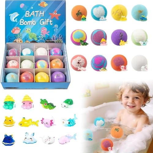Badebombe Kinder mit Überraschung, 12pcs Badekugel für Kinder mit Spielzeug Figur, Badekugeln K-inder mit überraschung,Badebomben,Geschenke für Jungen und Mädchen (Ozean)