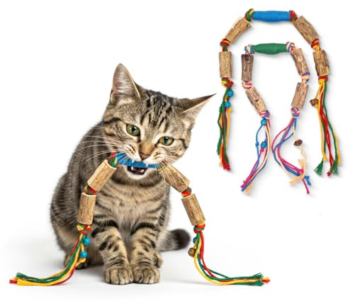 ELANOX Matatabi Katzen Spielzeug – 2er Set Kauspielzeug aus Silver Vine Holz mit Baumwollseil – Natürliches Spielzeug zur Zahnpflege & Beschäftigung für Katzen