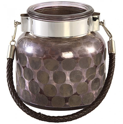 PTMD Windlicht Glas Button Bronze mit abnehmbaren Leder-Henkel in Lila/Flieder - Maße: 12.0 x 12.0 x 12.0 cm