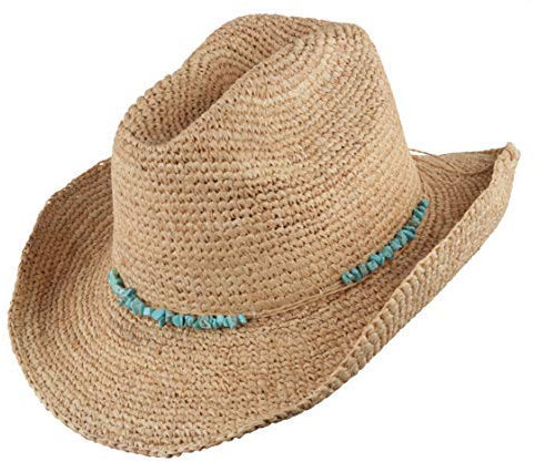 Scippis Sombrero de paja para mujer Bondi – Sombrero de verano de rafia de ganchillo con cinta turquesa – S/M (55 – 57 cm), L/XL (58-60 cm), naturaleza, L-XL