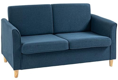 HOMCOM 2 Seater Sofa, Compact Loveseat, Linen Upholstered Couch with Wood Legs and Armrest, Small Sofa for Living Room and Home Office Blue