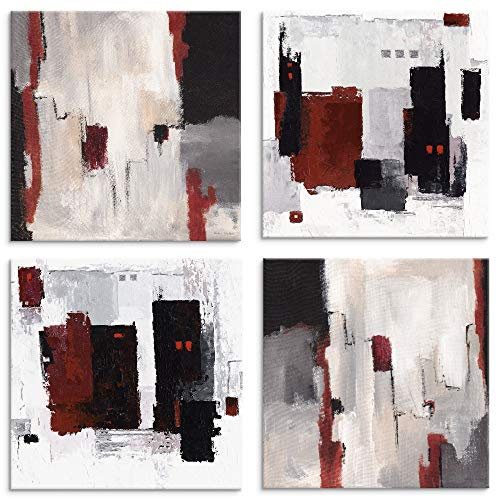 ARTLAND Wanddeko Leinwand Bilder auf Holz Wandbild Bild Set 4 teilig je 40x40 cm Abstrakte Kunst Malerei Modern Abstrakt Art Skandinavisch Rot Grau U1OD