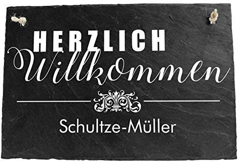 wandmotiv24 Schiefertafel Herzlich Willkommen mit Ornament und personalisierbaren Namen, 30x20 cm (BxH), Einweihungsgeschenk, Einweihung M0070