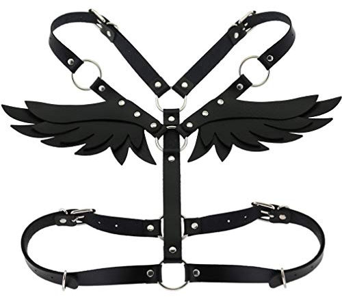 eYLun Damen Mädchen Leder-BH Brustgeschirr Gürtel verstellbar Gothic Punk Engelsflügel Taille Harness - Schwarz - Einheitsgröße