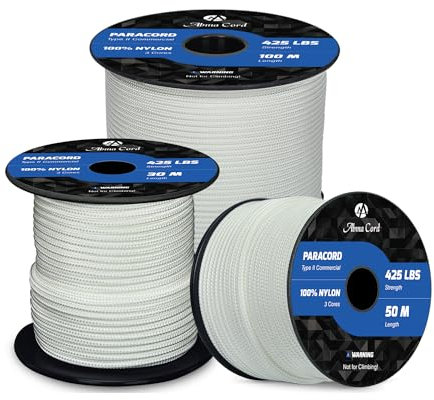 Abma Cord Paracord 3mm 50M 100% Nylon Seil Paracord 425 Typ II Schnur mit 3 Kern für Basteln, Camping, Survival - Max. 192kg (425lbs) - Weiß