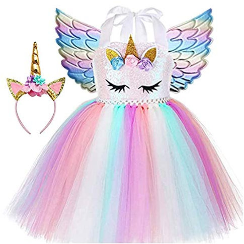 Sincere Party Robe tutu en tulle licorne pour filles Robe d'anniversaire licorne moelleuse rose avec bandeau et ailes 2-3 ans