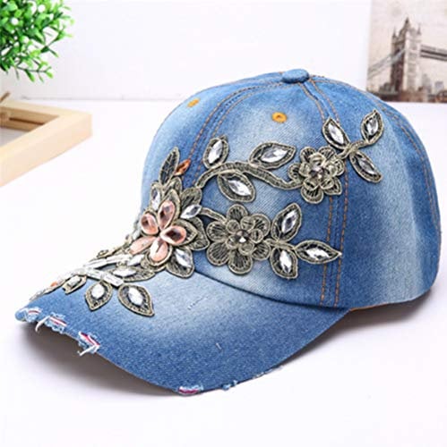LONTG Baseballmütze Damen Mädchen Denim Blumen Diamant Baseball Cap verstellbar Sonnenschutz Schirmmütze Jeans Hüte für Freizeit, Reisen, Outdoor Sports