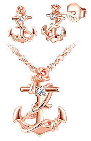 INFINIONLY 925 Silber Damen Halskette Ketten und Ohrringe, Anker Schmuck-Sets, Rosenblüten Zirkon Anhänger, Rosenblüten Zirkon Ohrstecker, Rose gold
