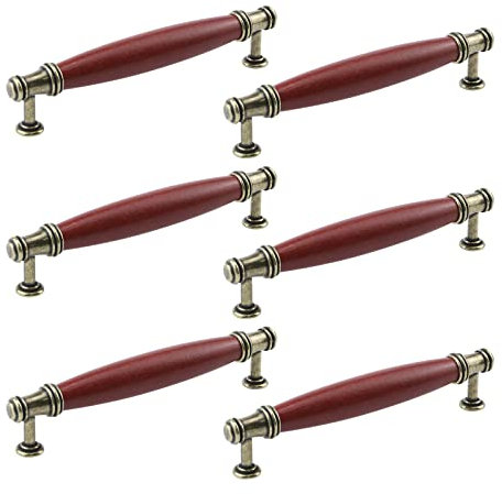 Mewutal 6 Stück Retro-Stil Schrankgriff Vintage Roter Ton Holzgriff mit Zinklegierung Sockel für Tür, Schrank, Kommode, Schublade (128 mm Lochmitte)