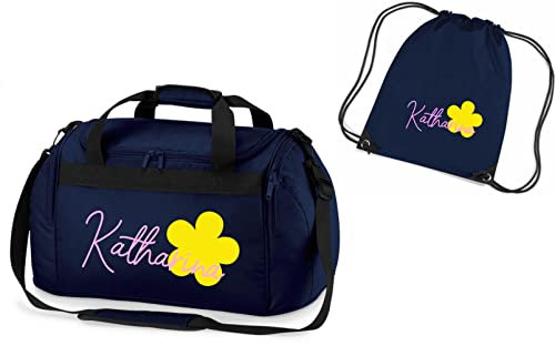 Kinder-Sporttasche mit Blume & Namen | INKL. Namensdruck | Personalisieren & Bedrucken | Reisetasche zum Umhängen (dunkelblau INKL. Turnbeutel)