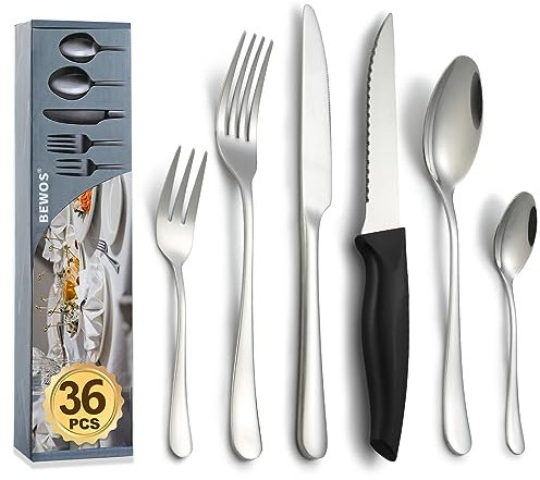BEWOS Juego de cubiertos para 6 personas, juego de cubiertos de acero inoxidable de 36 piezas con cuchillos para carne, que incluye cuchillo, tenedor, cuchara, pulido espejo y apto para lavavajillas