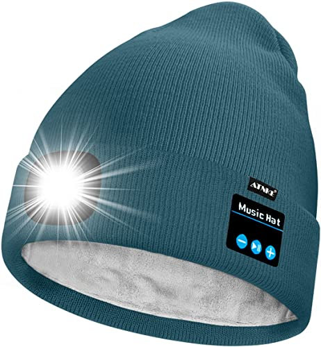 ATNKE Unisex LED Lighted Bluetooth Beanie Hat,USB Rechargeable 4 LED Running Headlamp Ultra Bright Music Speaker Cap with Head Torch Winter Warm Lined Fleece Gifts for Men and Women/Olive Green