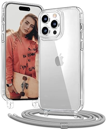 OLEPHY Handykette für iPhone 15 Pro Max Hülle mit Band, Handyhülle mit Verstellbarer Halskette, [Stoßfest] [Kratzfest] Schutzhülle mit Umhängeband, Silber