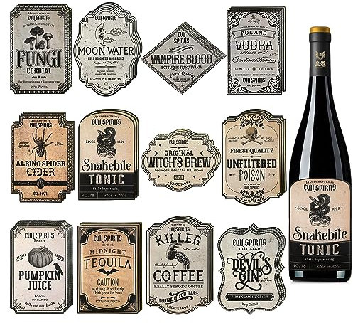 72pcs Halloween Wine Bottle Labels, Waterproof Wine Labels Potion Bottle Labels Stickers Apothecary Decals Wine Bottle Stickers for Halloween Party Decor