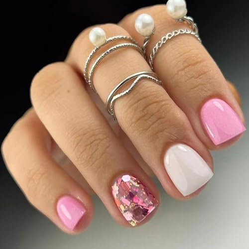 Ceboic 24 Pièces Faux Ongles Court Carrés, Rose Blanc French Press on Nails Ballerine Brillant Ongles à Coller, Acrylique Couverture Complète Faux Ongles Autocollants Reutilisable pour Femme et Fille
