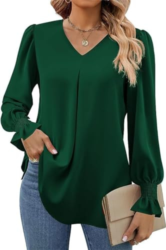 Tomwell Blouse Femme Automne Chemisier en Mousseline de Soie Élégant Haut à Manches Longues Col V Tunique Fluide T-Shirt Couleur Unie Blouse Plissé Casual Femme Chic A Vert S