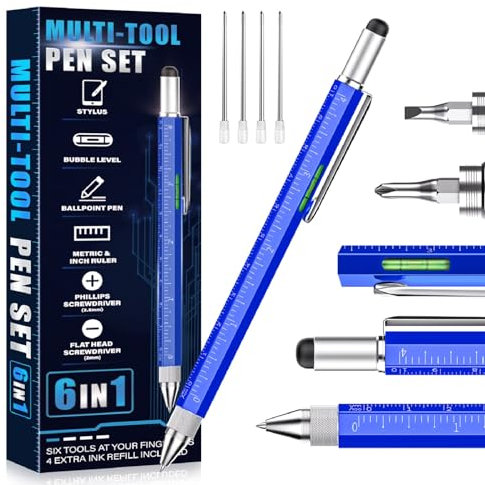 NADRQQE Multifunktionswerkzeug, 6-in-1, blaues Aluminium, Kugelschreiber, Lineal, Schlitz- und Kreuzschlitzschraubendreher, Stylus, Wasserwaage