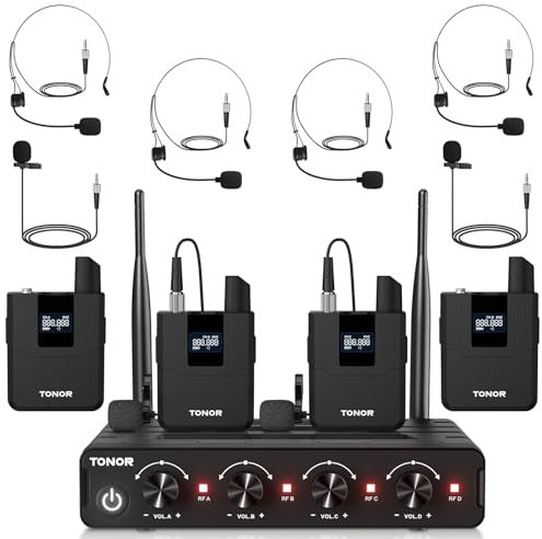 TONOR UHF Set di microfoni wireless con 4 trasmettitori Bodypack/cuffie/microfono senza fili, 4x5 frequenze 60m gamma microfono senza fili per Karaoke Chiesa DJ PA sistema di altoparlanti, TW364