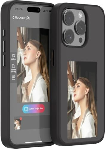 Hohny Smart Ink Screen Phone Case, E-Ink Phone Case, Ink Screen Screen Projection Smart Phone Case, Smart Nfc App Refesh Mobile Phone Case For Iphone13/14/15/Pro/Pro Max (For iPhone13Promax,Black)
