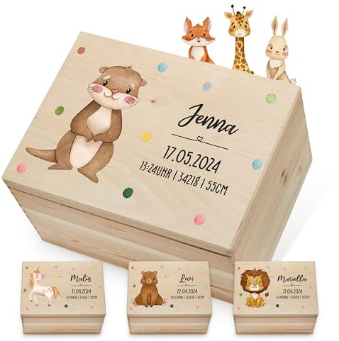 Lilletå ® Erinnerungsbox Tiermotiv ganz (001.01) - Erinnerungskiste Baby mit Hochwertigem Farbdruck - Baby Kind Erinnerungsbox Holz - Geschenk Geburt Mädchen Junge