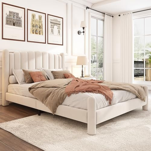 WENCHSH Einzelbett Polsterbett 140x200 cm, Bett mit Kopfteil, Bettgestell mit Lattenrost aus Holz, Samt, Beige, Ohne Matratze