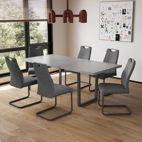 jiexi Esstisch Mit 4-8 Stühlen Set, Esszimmertisch Ausziehbar, Tisch Esszimmer, Essgruppe Mit 4-8 Stühle, MDF-Platten Holztisch Geeignet Für Wohnzimmer, Küche(130-170cm Tisch + 6 graue Stühle)