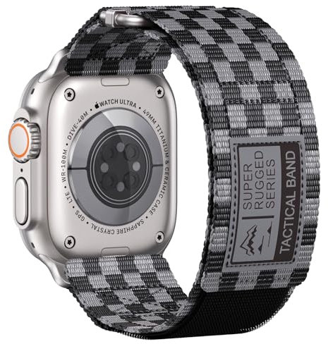 NotoCity Compatible with Apple Watch Ultra 2/Ultra, Series 1-9/SE/SE2, 42/44/45/49mm (M) Nylon Sport Loop Watch Band, Grey/Black Plaid
