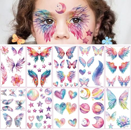Qpout 10 Blätter Glitter Schmetterling Temporäres Tattoo für Mädchen, Schmetterling Gesicht Tattoo Glitzer Feenflügel Make-up, wasserfeste Fake Tattoos
