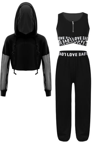 Miutii Mädchen Hip Hop Kleidung Set 3tlg. Langarmshirt + Sport BH Crop Tops + Cargohose Street Dance Outfit Trainingsanzug Sportanzug Schwarz 146-152