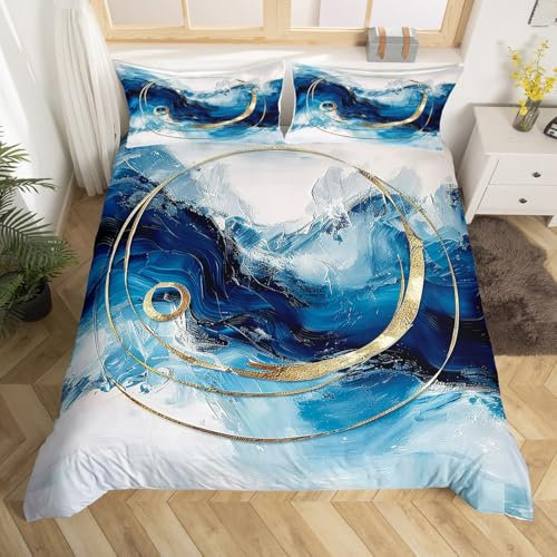 Blue Marble Duvet Cover,Modern Abstract Bedding Set,Navy Blue Mixed Golden Lines Comforter Cover for Girls Room Decor,Watercolor Bedspread Cover Single Size with 1 Pillow Case(No Comforter)