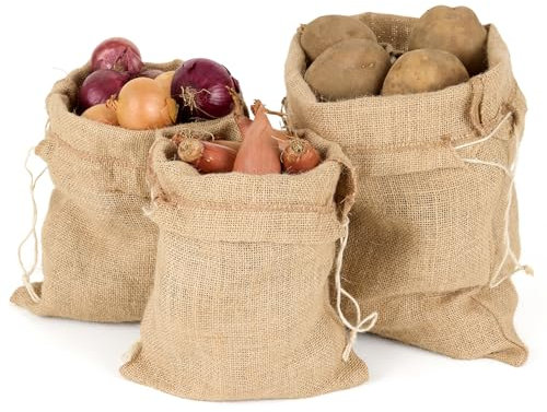 La Cordeline 3 natürliche Jutebeutel zur Aufbewahrung, Aufbewahrung von Gemüse, Kartoffeln und Zwiebeln, mit Kordelzug, 3 Größen S, M, L