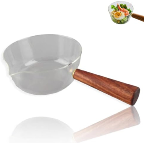 Boîtier à lait en verre, casserole en verre casserole transparente, casseroles en verre avec poignée en bois en forme de V Boîtiers à lait Ustensiles de cuisine Mini Boîtier à lait Boîtier à lait en