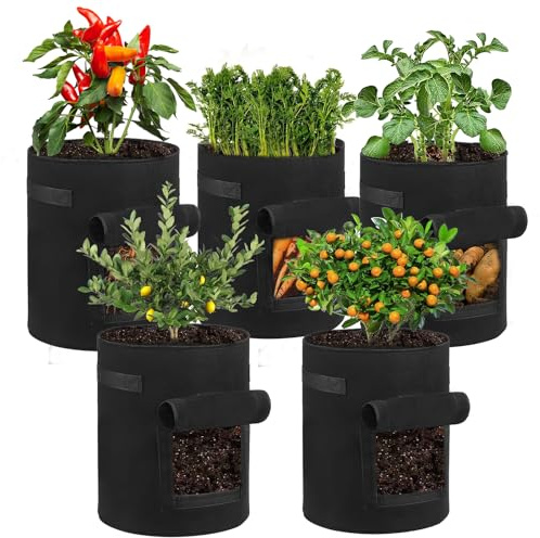 EAEVKPI 5 Stück 40L Kartoffel Pflanzsack, Vliesstoff Pflanztasche mit Griffe und Sichtbarem Fenster, Kartoffel-Pflanzbeutel, Vliesstoff Tomaten Pflanztopf für Blumen Kartoffeln Pflanzen