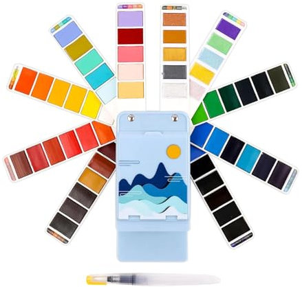 Foldable Watercolor Set of 56 with Water Brush | Travel Aquarellfarben Set | Tragbare Wasserfarbkasten Aquarell Palette Reise Set | Außenmalerei Wasserfarben Farben Sets Kunstbedarf für Adults