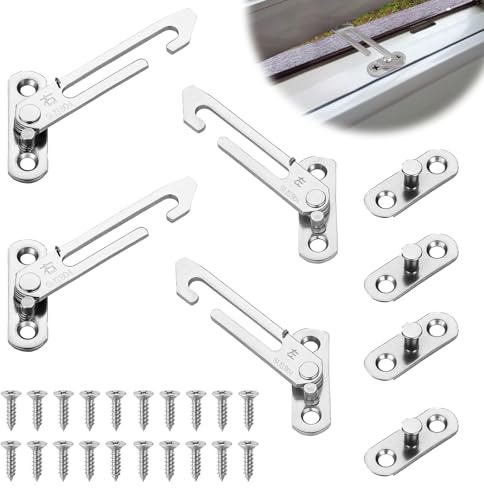4 Pcs Window Restrictor for UPVC, Window Safety Restrictors, Window Lock Stainless Steel, Window Latches Security Chrome, Child Lock Security Catch for UPVC Windows, with Screwdriver