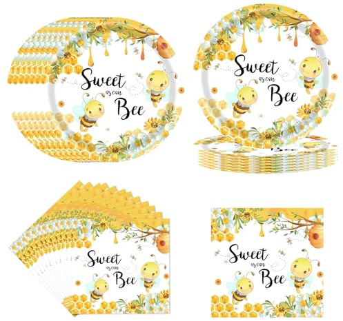 AIZHAZHA 22 cm Bienen Geburtstag Deko Partyteller Kindergeburtstag für 16 Gäste, 16Pcs Bienen Partygeschirr Kindergeburtstag, Biene Pappteller Geburtstag Servietten Partygeschirr Set für Junge Mädchen