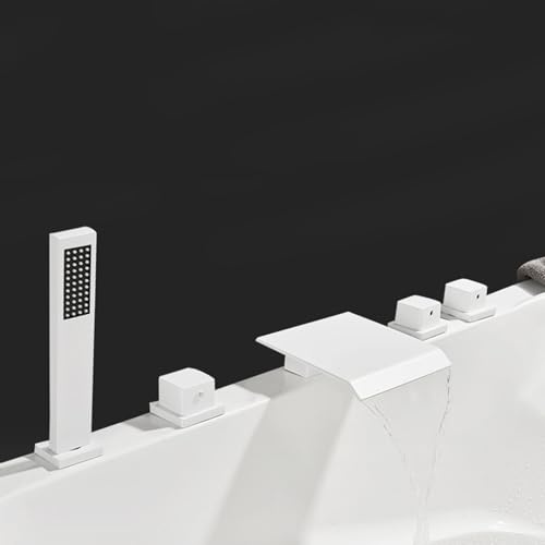 XDSMB Robinet Cascade Baignoire Blanc 5 Trous Double Poignée Mitigeur Baignoire avec Douchette Robinet Baignoire Sur Plage,Blanc
