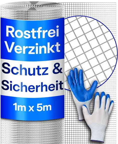 Praknu Drahtgitter Feinmaschig 1x5 m – Maschendraht – Wühlmausgitter Rolle | Rostfrei & langlebig, Volierendraht, Hasendraht & Kaninchendraht für Hochbeet & Zaun, inkl. Handschuhe, Mäusegitter