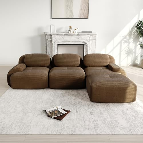 A ALFRESCOOL Boneless Couch, Modulares 3 Sitzer Sofa aus Cordstoff, Ecksofa mit 1 Ottomane, Compressed Sofa, Ohne Montage & Rutschfester Unterseite, frei Kombinierbar, 298×178×75cm (Braun)
