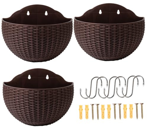 StaZamor Maceta Colgante de Pared, 3 Unidades, 8 x 6, 5 Pulgadas, Maceta Colgante de PP con Orificio de Drenaje y tapón para Plantar en Interiores y Exteriores, Color café.
