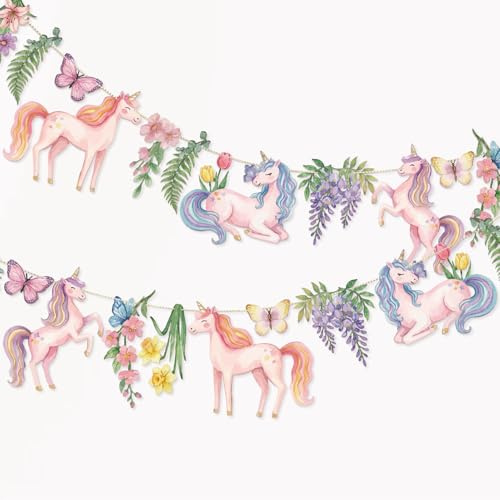Easy Joy Einhorn-Girlande Rosa Kindergeburtstag Party Deko | Blumen-Papierbanner mit Schmetterlingen für Einhornparty, Mädchengeburtstag, Babyparty, Hochzeit und Fotohintergrund